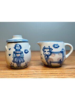 Vintage M.A. Hadley Stoneware Sugar Bowl & Creamer, Hand-Painted Farm Animal The
